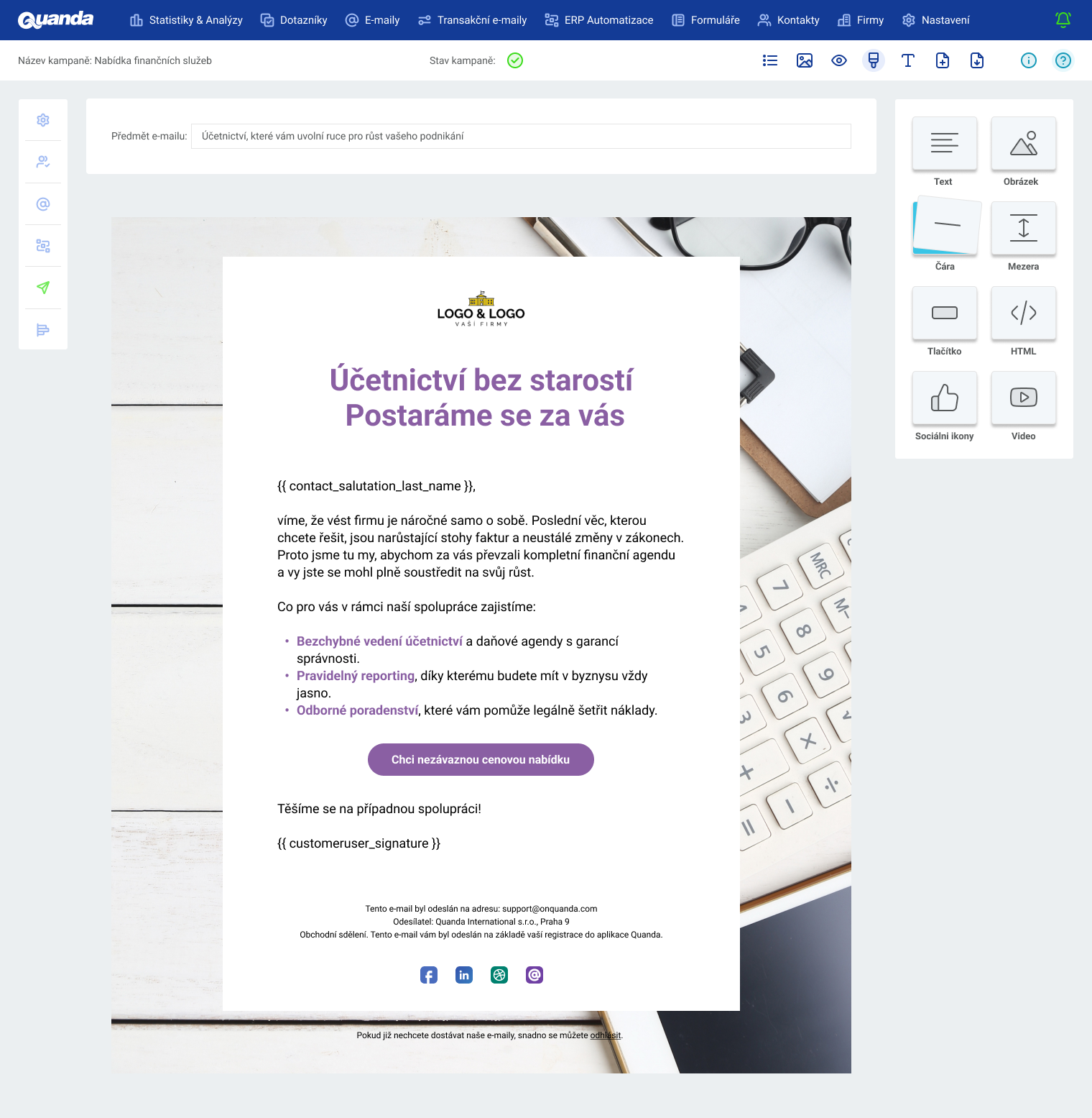 Quanda dla B2B, edytor e-maili
